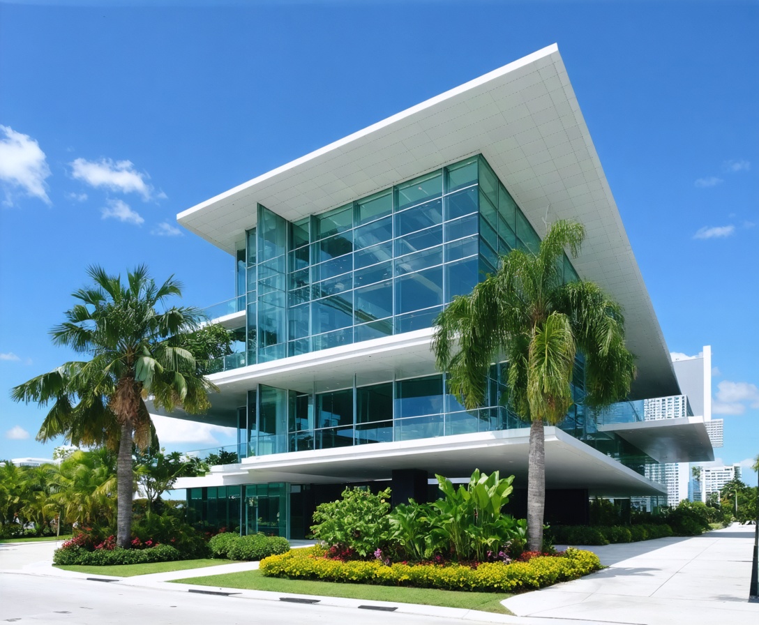 Современное архитектурное здание ArtDesign Miami Academy со стеклянным фасадом